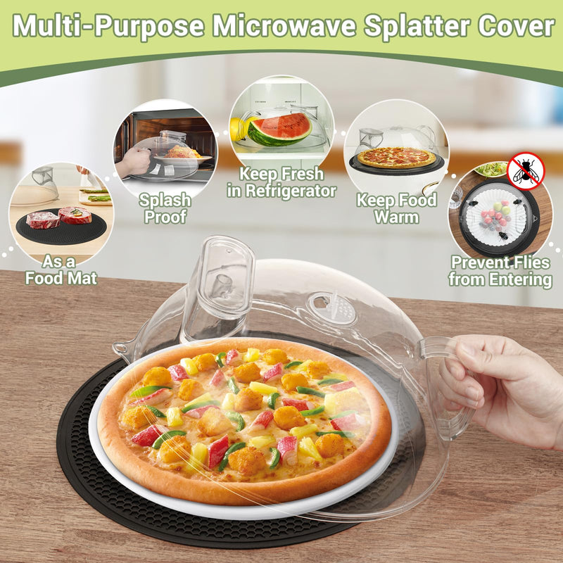 Microwave Splatter Cover for Food, Clear Microwave Lid with Water Steamer, Integrated Handle, Splatter Guard, 10” Plate Covers & 12" Mat, BPA-Free, Essential Kitchen Gadgets and Accessories 10.5"×10.5"×4.2" transparent