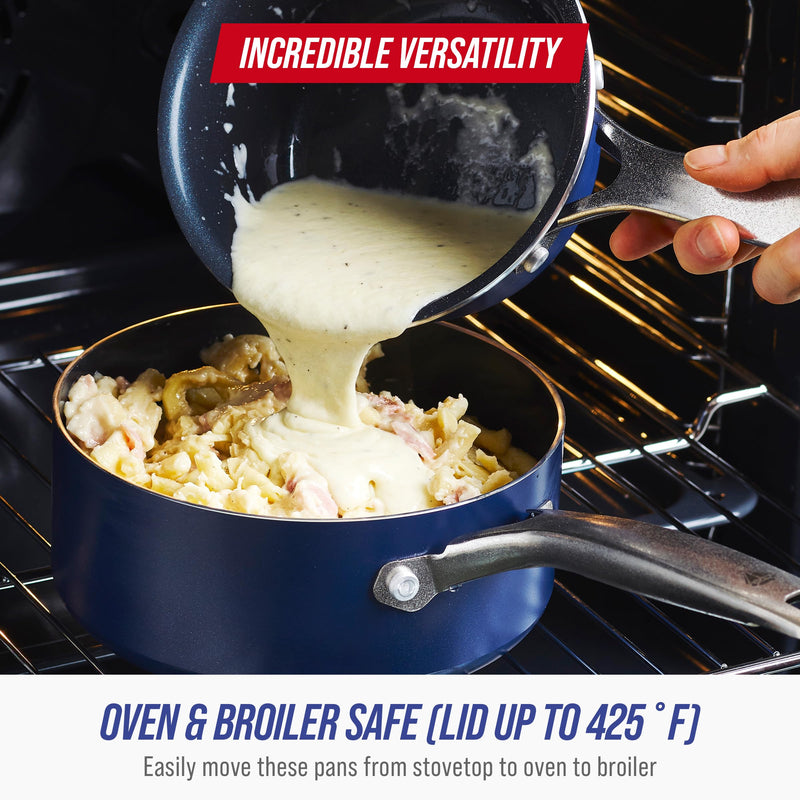 Blue Diamond Nonstick 2QT Saucepan with Lid, Non Toxic PFAS-Free Diamond Ceramic, Dishwasher & Oven Safe, Metal Utensil Safe Pot, Stay Cool Handle, Chef Pan, Glass Lid, Blue 2 Quart Saucepan