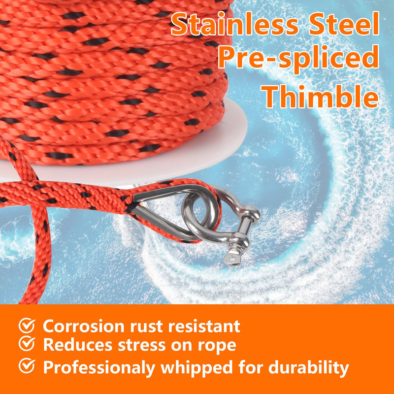 Anchor Rope 50 ft x 3/8 inch, Premium Solid Braid MFP Anchor Line, Boat Anchor Rope with 316 Stainless Steel Thimble & Shackle, Orange and Black Orange&Black 3/8inch x 50ft