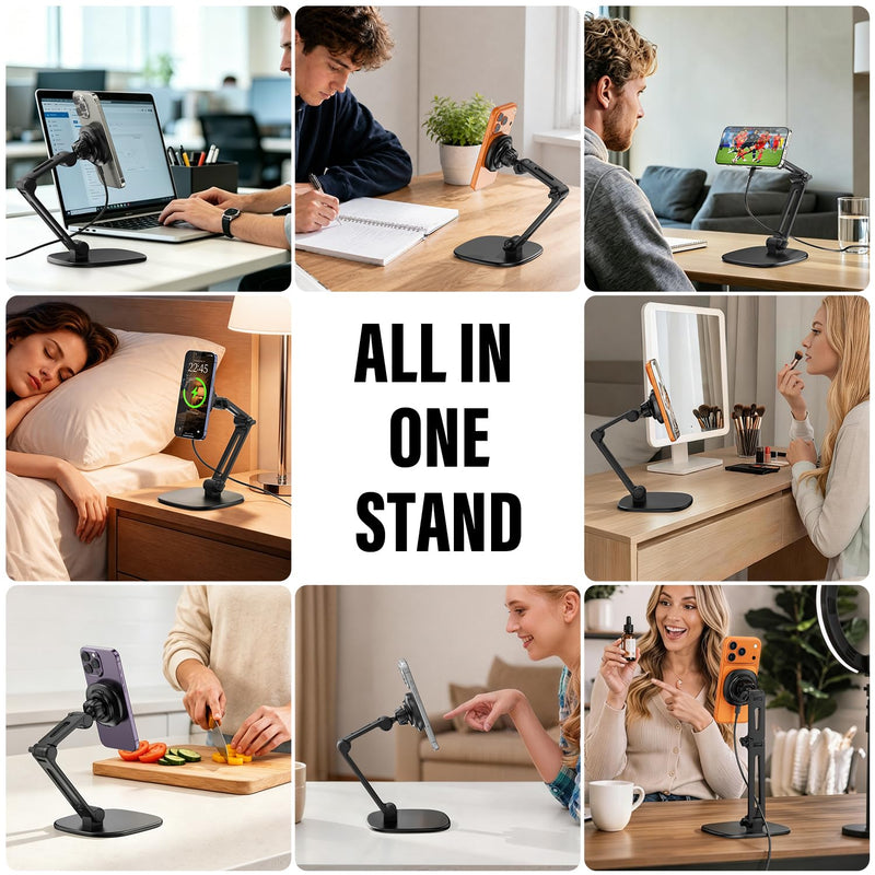 APPS2Car Qi2 15W Wireless Charger Stand Adjustable Phone Holder for Desk | 17 N52 Magnets, Built-In Cooling Fan, Height-Adjustable Foldable Arm, 360° Rotation, Weighted Anti-Slip Metal Base Black - Wireless Charging Stand