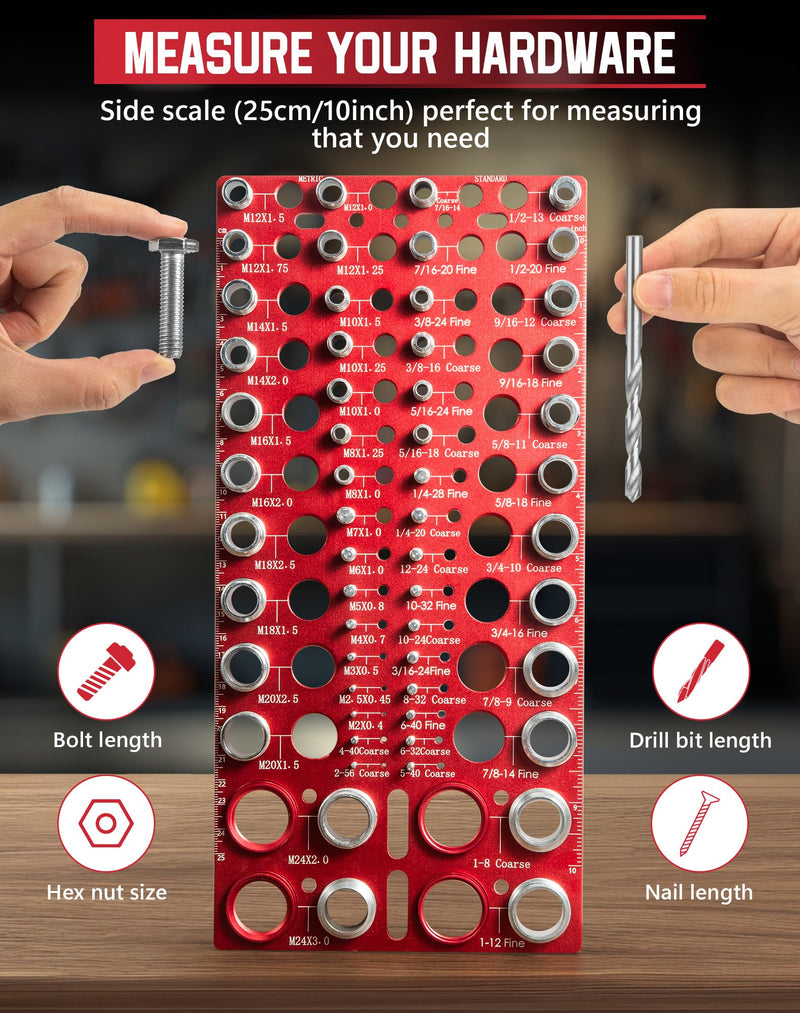 56 Thread Checker, VEXTHYX 30 Standard and 26 Metric nut and Bolt Thread Gauge, SAE & Metric Bolt Size Finder for Bolt Gauge Measuring, wall-mountable Bolt Thread identifier Tool with Inch & CM Ruler