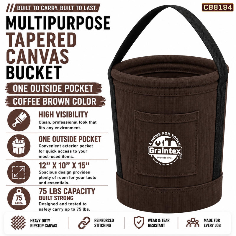 Graintex Tapered Canvas Bucket 12"x10"x15", Utility Tool Bucket One Inside Pocket, Reinforced Base & Carry Handle, Ripstop Canvas - Coffee Brown