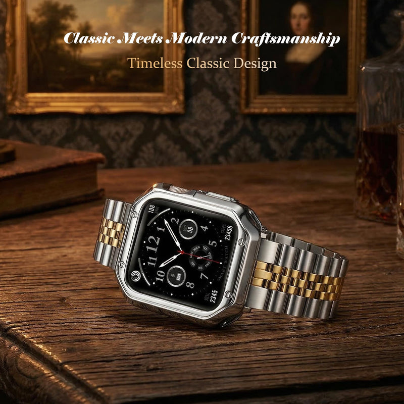 Metal Band with Case Compatible with Apple Watch 42mm Series 11/10, Stainless Steel Link Bracelet Strap with TPU Bumper Cover for Men Women, Gold Silvery+Gold 42mm(Series 11/10)