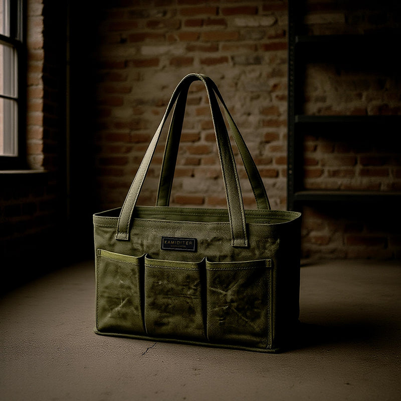 Tool Bag with Metal Frame, Waxed Canvas Wide Open Top Tool Tote Bag with 7 External Pockets, 13.5 x 7.8 x 7.8 Inches (ArmyGreen) ArmyGreen 13.5 Inch