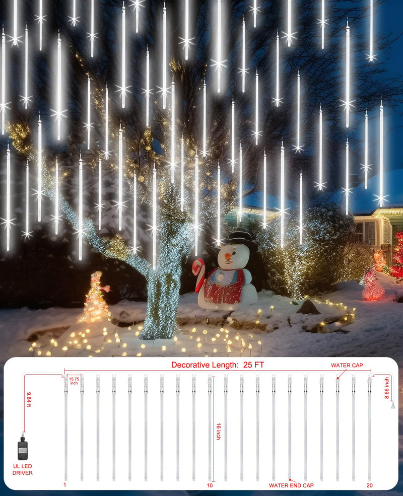 Christmas Lights Outdoor 16 Inch 20 Tubes Meteor Shower Rain Light, Waterproof Falling Icicle String Lighting for Xmas Tree Yard House Decor,Shine White Shine White 16 IN 20 Tube