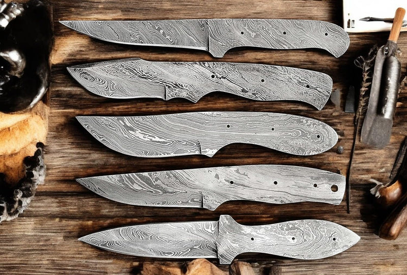 LOT OF 5 PIECES HAND FORGED DAMASCUS STEEL FULL TANG KNIFE BLANK BLADE KNIFE MAKING SUPPLIES (5 DIFFERENT PIECES SET) 5 DIFFERENT PIECES EACH OTHER KNIVES SET