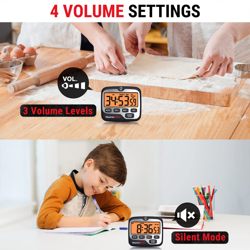 ThermoPro TM01(2 Pack) Kitchen Timers for Cooking with Count Up Countdown Timer, Digital Timer for Kids with Touch Backlit, Study Timers for Classroom Teacher Supplies Silver 2 pack