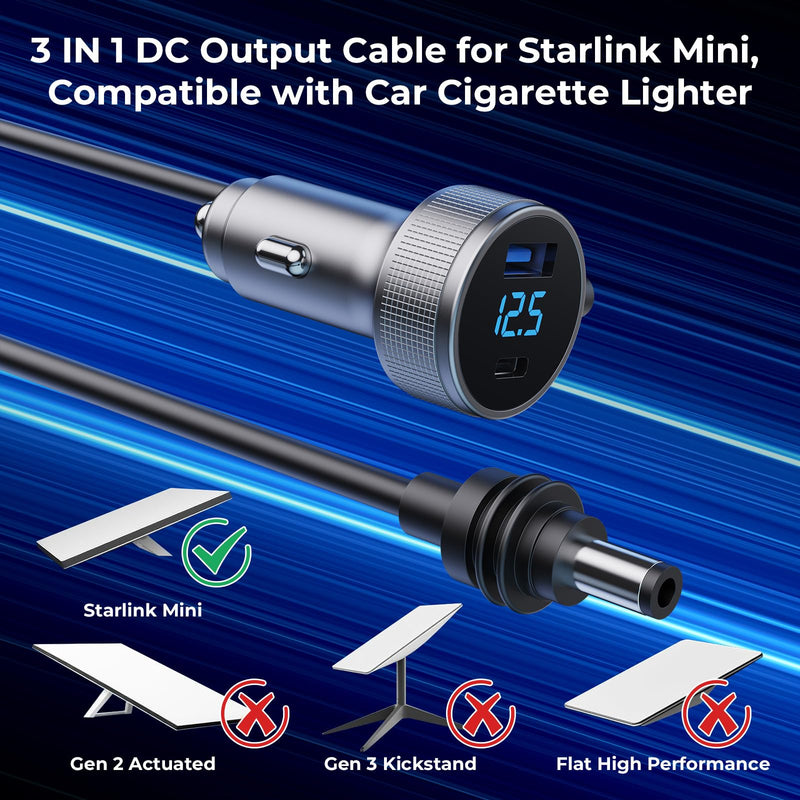 Starlink Mini Cable, 3 in 1 Starlink Mini Car Charger DC Power Cable+ Cigarette Lighter Adapter 12V-48V with Digital Display, Durable USB C PD 40W and USB A 35W Ports for Trucks and Cars (10FT) 10FT