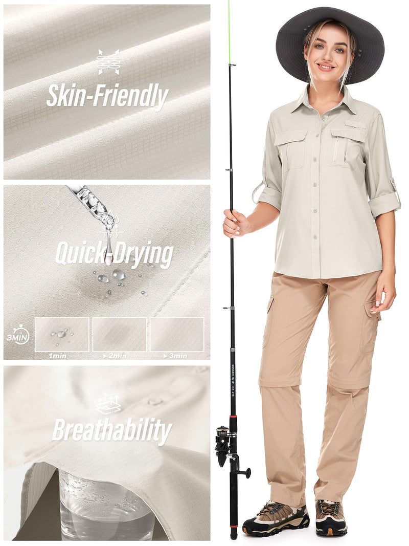 Women's UPF 50 Long Sleeve Sun Protection Shirts Safari Fishing Hiking Large Light Khaki