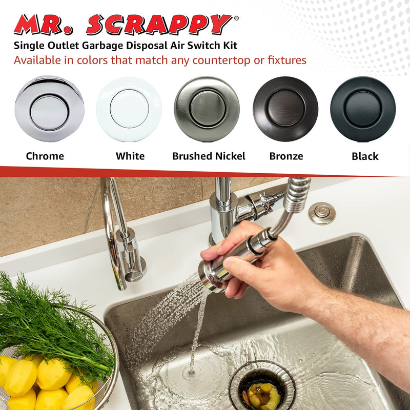 Mr. Scrappy 20-MSAS-65 Single Outlet Garbage Disposal Air Switch, Kitchen Sink Top On and Off Kit for Waste Disposers, Includes Button, Tubing, 120V Power Module, and Hardware, Chrome