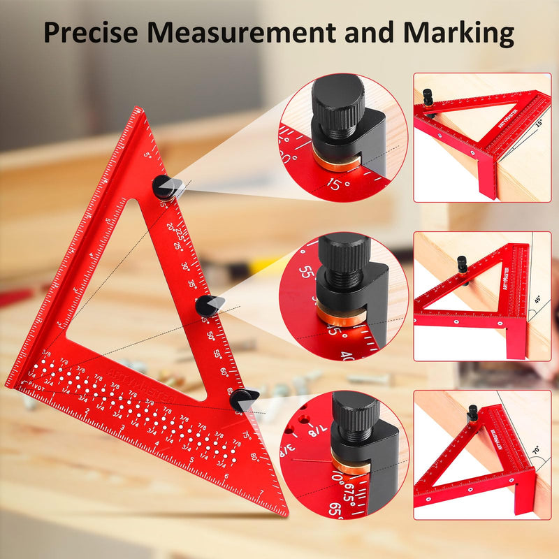 8 inch 3D Multi-Angle Measuring Square Ruler, WT103C High Precision Hole Scribing Woodworking Tools, 0-90° Aluminum Alloy Carpenter Square with Stair Gauges, Carpenter Pencils 6 Refills. 8 inch Square+Pencil+Stair Gauge Imperial