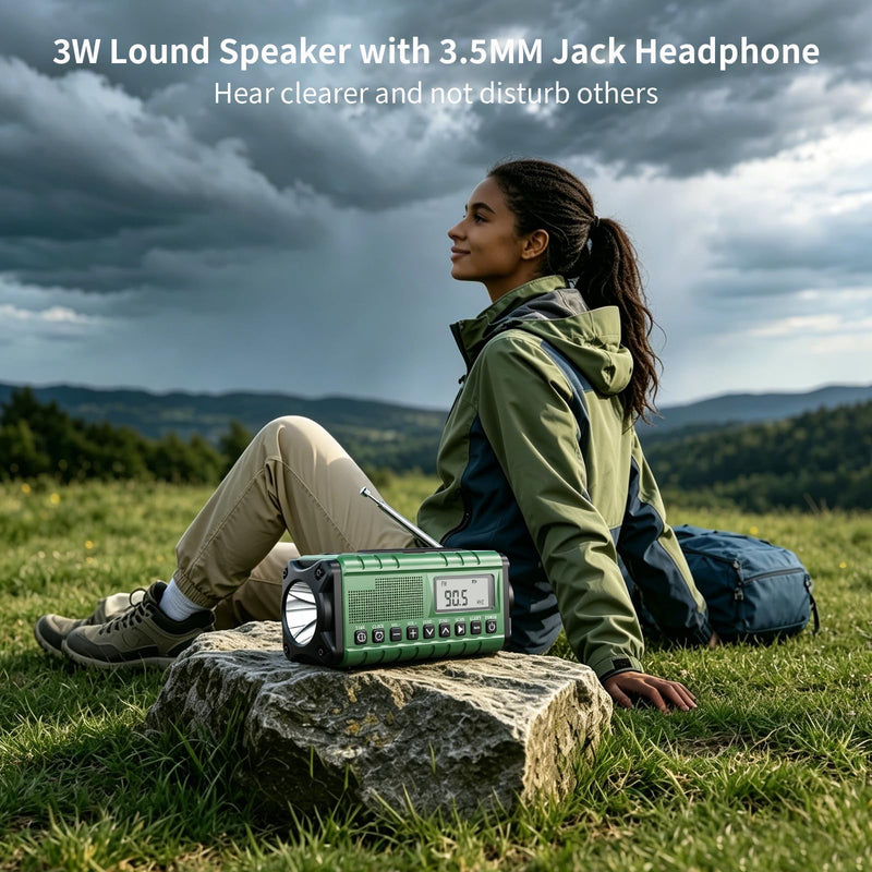 10000mAh/37000mWh Emergency Radio-Weather Radio Portable AM FM Auto Scan with Solar Panel/Hand Crank/AC Input Rechargeable Battery with Flashlight Reading Lamp SOS Siren for Indoor/Outdoor Emergency Green