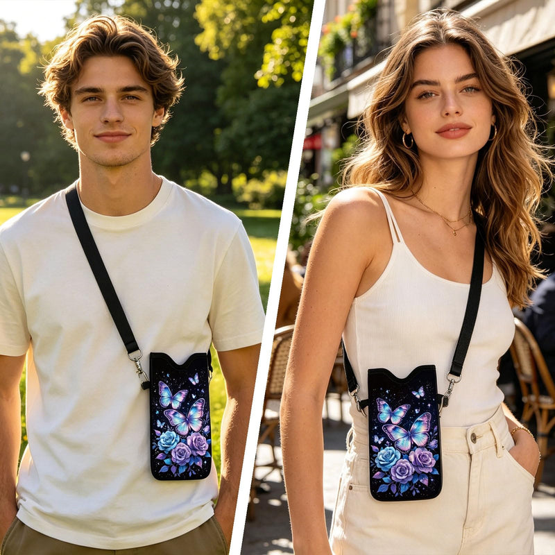 GLOBLELAND Butterfly Cell Phone Sleeve Pouch Case Bag 7.1×3.9 inch Rose Insect Shockproof Universal Phone Bag with Crossbody Strap Neck Lanyard for Women Men Phone Headphones Watch