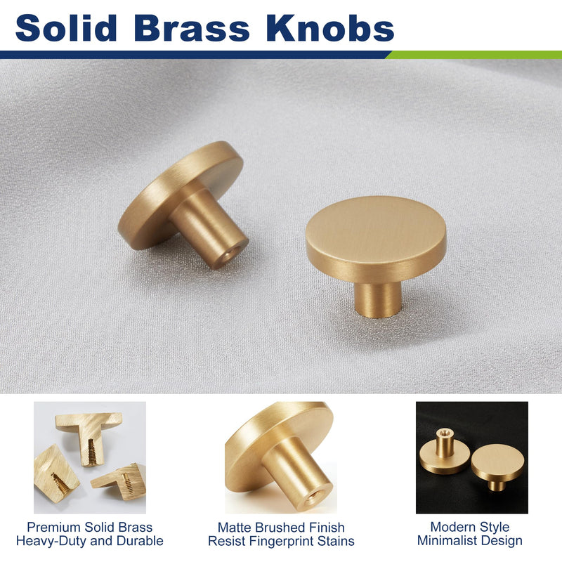 10-Pack Gold Kitchen Cabinet Knobs, Solid Brass Knobs for Dresser Drawer, Round Minimalist Bathroom Cabinet Pulls, Modern Furniture Hardware, Brushed Finish, Diameter 1-3/16 Inch 10 Matte Brushed Brass