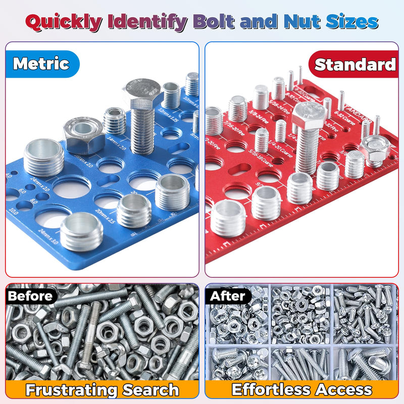 62-Piece Nut and Bolt Thread Checker - 25 Inch & 25 Metric Thread Gauges + 12 Drill Bit Sizers, Heavy-Duty Aluminum & Steel Bolt Size Finder, High-Precision Screw Identifier Tool (Red & Blue)