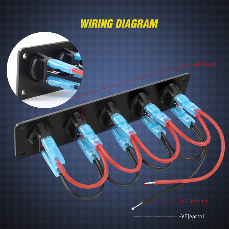 Nilight 5 Gang 3 Pin Rocker Switch Panel Waterproof On-Off Toggle Switches for Car Vehicle Trailer Truck SUV Marine Boat RV Ship 12V/24V 20A Blue