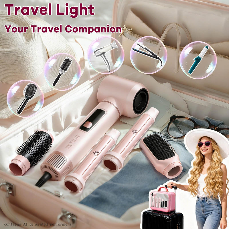 Dryhsip 5 in 1 Hot Air Styler, Hair Dryer Brush with Digital Display, Air Brush Hair Styler for Curling Straightening & Blowouts, Lightweight Hair Styling Appliances for Women (Pearl Pink) Pearl Pink