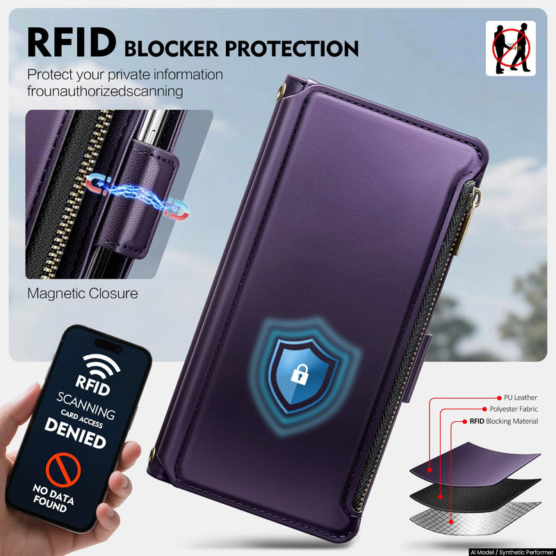 for Samsung Galaxy Z Fold8 Ultra Wallet Case with Card Holder Slots,RFID Blocking PU Leather Flip Folio Kickstand,Wrist Strap Zipper，Women & Men Phone Cover Case for Fold 8 Ultra,Purple Purple Samsung Galaxy Z Fold 8 Ultra