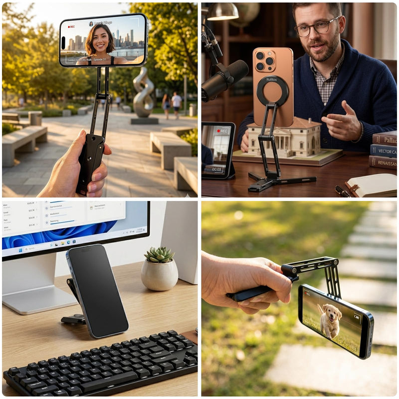 Ruittos for Magsafe Phone Stand & Tripod Adapter, Aluminum iPhone Mount with Arca-Swiss Base,1/4" Thread Foldable Desktop Stand & Selfie Stick Grip, Compatible with iPhone 17/16...Andriod