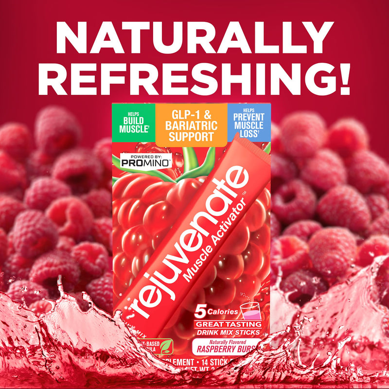 Rejuvenate, Perfect Amino Acid Blend, 1 Stick = 20g Whey Protein, 5 Calories, Vegan Friendly EAA + BCAA for Muscle Growth, Strength & Energy, GLP-1 & Bariatric Support, No Bloat, No Sugar Raspberry Burst 0.19 Ounce (Pack of 14)