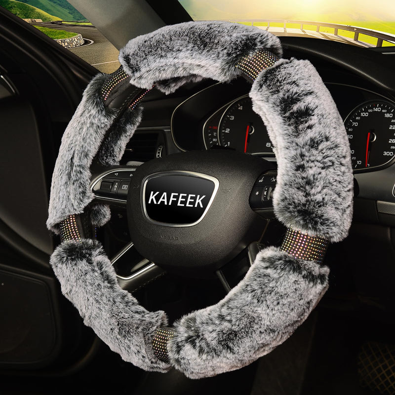 KAFEEK Diamond Fluffy Microfiber Plush Steering Wheel Cover with Bling Bling Crystal Rhinestones for Winter Warm, Universal 15 inch Fuzzy Steering Wheel Cover,Gray gray