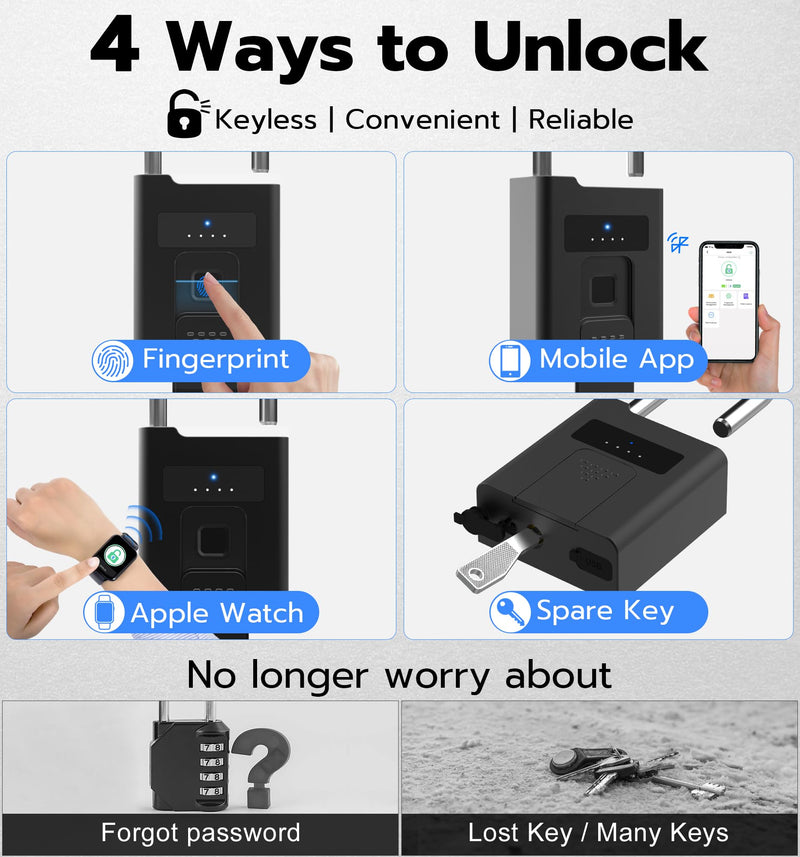 eLinkSmart Fingerprint Padlock with Key Backup, Heavy Duty Weatherproof Bluetooth Biometric Keyless Electronic Digital Smart Pad Lock for Gate Outdoor Fence Storage Locker Pool Shed