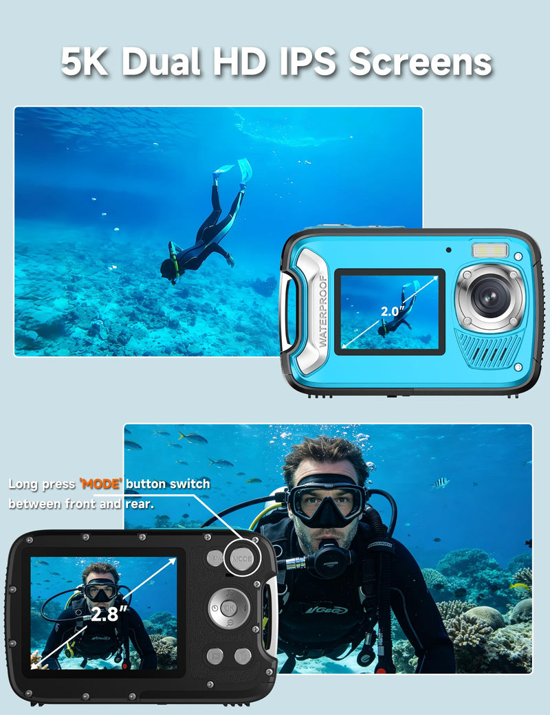 5K Waterproof Camera, 96MP 33FT Underwater Camera with Dual Screens, Autofocus Digital Camera for Snorkeling, Scuba Diving, Surfing & Travel Blue