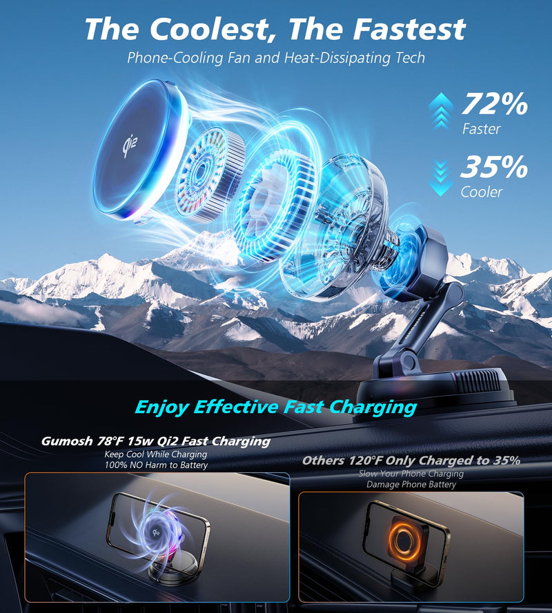 for Qi2 15W MagSafe Car Mount Charger with Cooling Fan, [Rapid Charging Cooler with RGB Lights], 78+LBS Stronger Suction Wireless Magnetic Mount on Vent/ Dash/ Windshield, for iPhone 17 16 15 14 13 12 Black