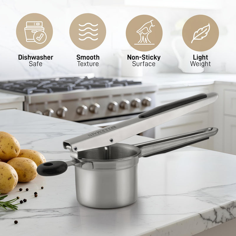 Bellemain 15oz Large Potato Ricer for Mashed Potatoes, Stainless Steel Mashed Potato Masher & Squeezer, Easy-To-Clean Professional-Grade Hand Vegetable Ricer, Kitchen Tool, Food Press & Food Mill Fixed Disc Black