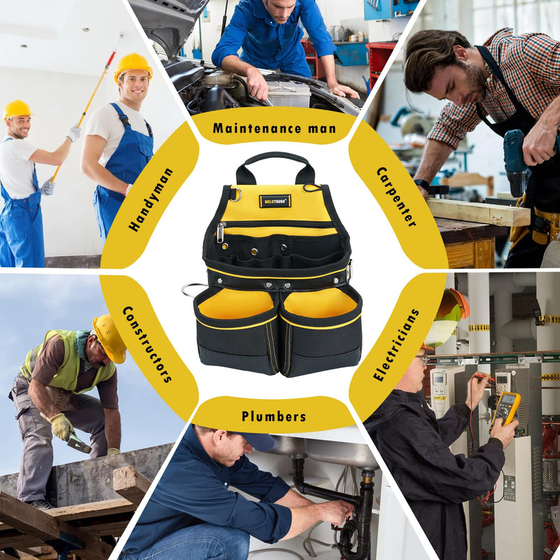 MELOTOUGH Carpenter Tool Pouch with 10 Pockets,Electrician,Framer Belt Bag,with Belt Clip，Tool Belt Pouch with Hammer Holder for Roofers,Constructors,Handyman,Electrician