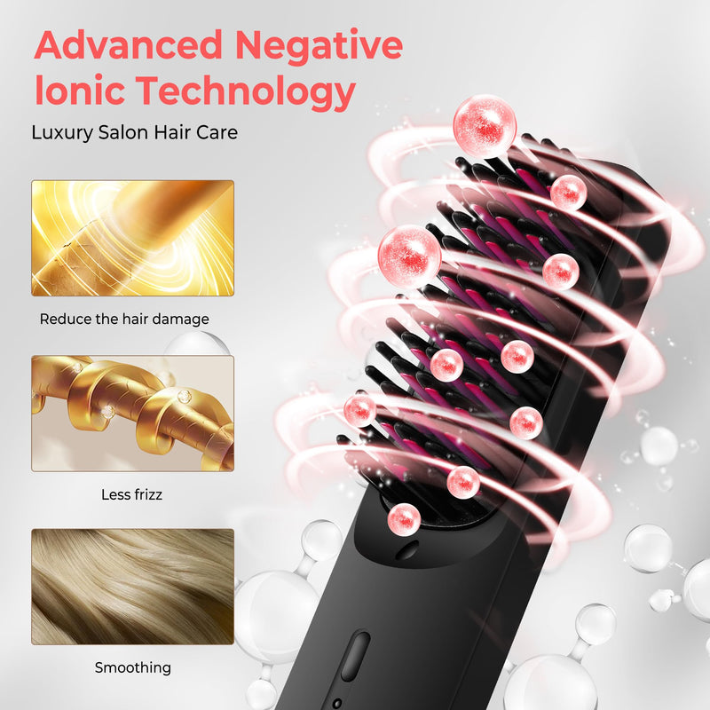 UKLISS Go Brush Pro Cordless Hair Straightener Brush, USB Straightener | Rechargeable Ceramic Styling Brush with 4 Heat Modes & LED Display, Portable for Travel & Everyday Use Black