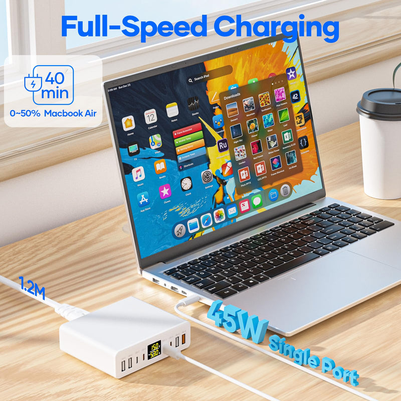 200W USB C Charger 8-Port with LED Display USB Charging Station | GaN Multiport Fast Charger Block PD QC 3.0 PPS USBC Charging Hub Compatible with iPhone Samsung Mac Laptop Pad, Matte White