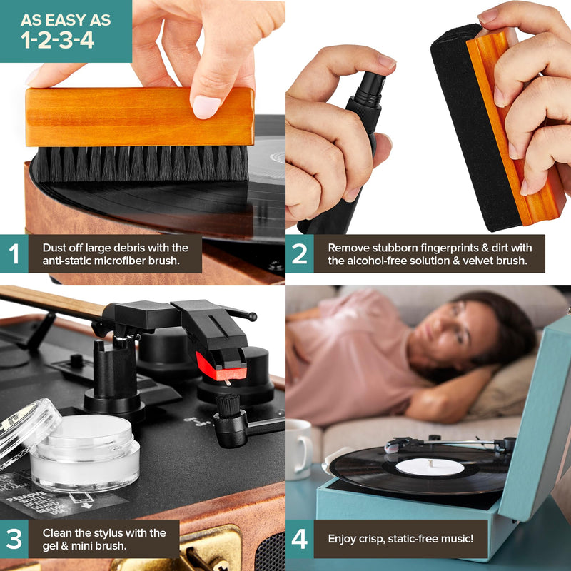 Stock Your Home 6 Piece Vinyl Record Cleaning Kit, Includes Vinyl Cleaner Spray, Anti-Static & Velvet Vinyl Record Brush, Needle Cleaning Gel & Brush, and Drawstring Duster Bag