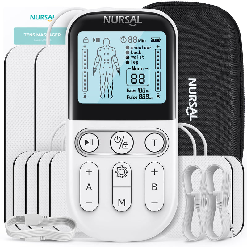 NURSAL TENS Unit Muscle Stimulator for Pain Relief Therapy, 3-in-1 Dual Channel TENS Machine with EVA Travel Case, 24 Modes EMS Muscle Stimulator for Back, Shoulder, Neck, Sciatica