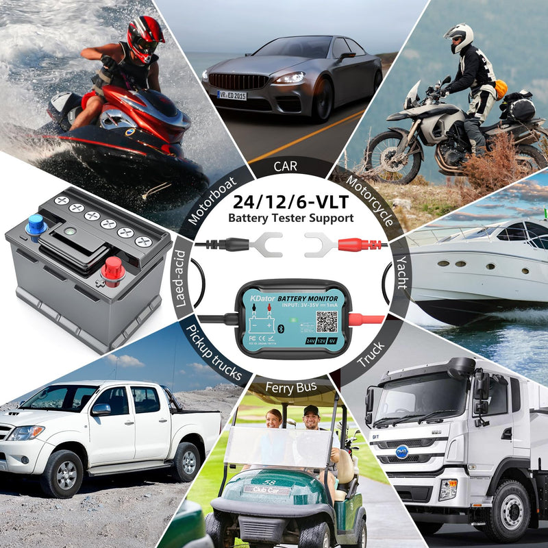 6V 12V 24V Bluetooth Battery Monitor BM7–Work for All Lead-Acid & Lithium Battery with Charging, Cranking System Test & Auto Alarm – Waterproof Voltmeter for Cars, Vans, Trucks, Motorcycles, Boats For 6-24V Lead-Acid & Lithium Battery