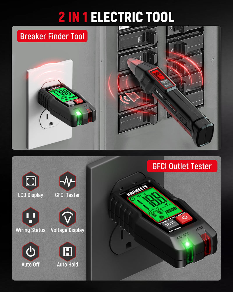 KAIWEETS Circuit Breaker Finder with LCD Display, GFCI Outlet Tester, Electrical Circuit Tracer Tool with NCV Test & Flashlight, Includes Carrying Case - KT301