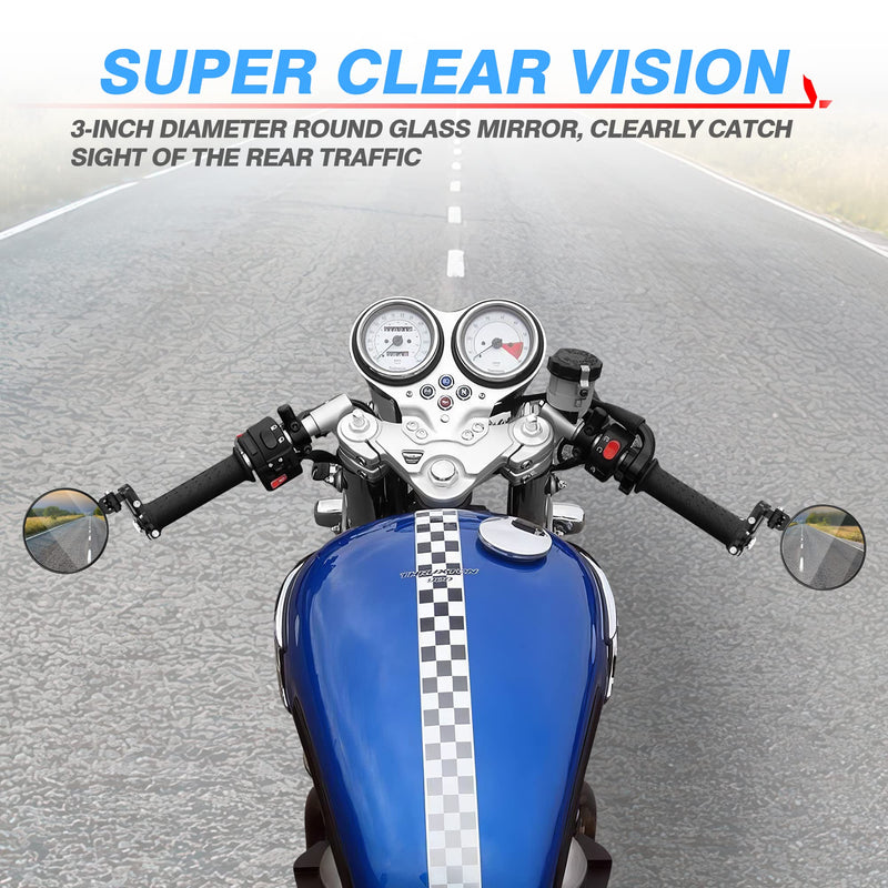 MICTUNING Universal Motorcycle Mirrors - 3 Inch Round Folding Bar End Side Mirror Compatible with Honda, Scooter, Suzuki, Yamaha, Kawasaki, Victory and More Black
