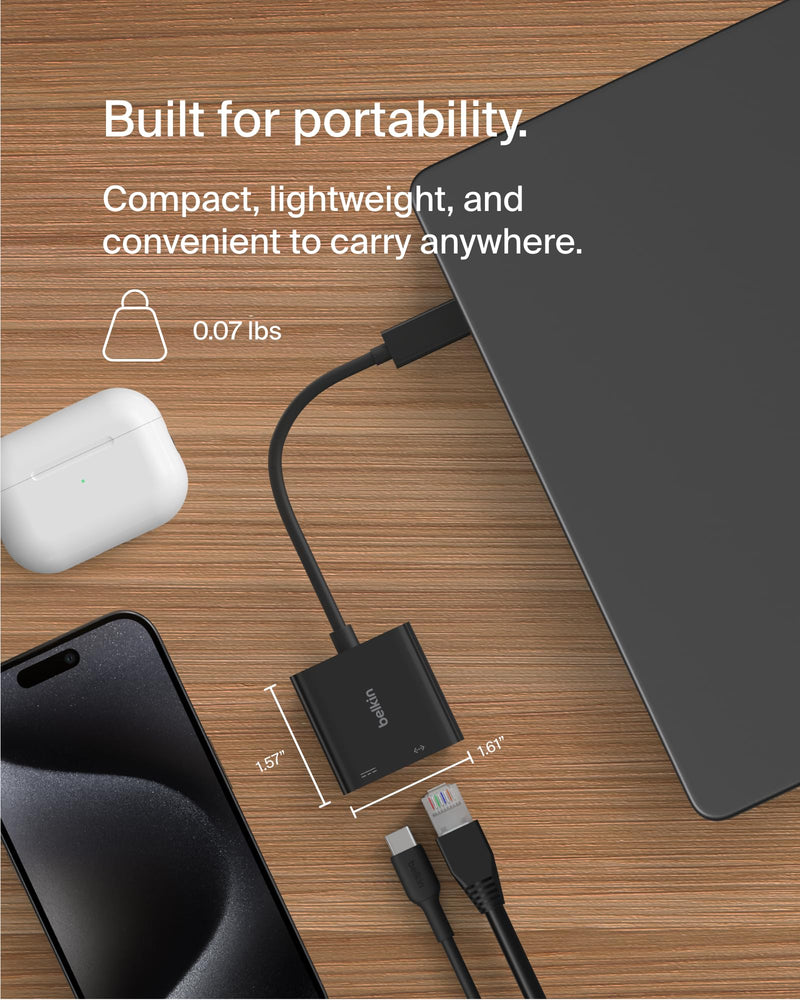 Belkin Connect USB-C to Ethernet + Charge Adapter 100W w/Gigabit Ethernet Port and USB-C Port - 10/100/1000 Mbps for Fast Internet Connection - Compatible with iPhone 15, Samsung Galaxy S24, & More Ethernet + Charging (100W)