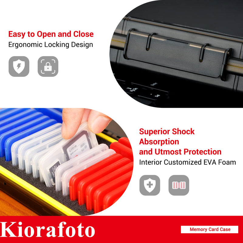 Kiorafoto Memory Card Case with 24 Pack Clear Plastic Memory Card Holders for 24 SD SDXC SDHC & 24 TF Cards,Water-Resistant Anti-Shock SD MicroSD Card Carrying Organizer Storage Protector with Labels for 24 SD + 24 Micro SD（With Box）