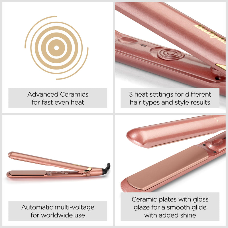 BaByliss Rose Gold Hair Straighteners - Ceramic Plates for Smooth Styling, Multi-Voltage Worldwide use, Ultra-Fast 15 Second Heat Up, 3 Heat Settings Up to 235°C, 2598U
