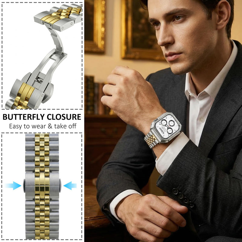 Metal Band with Case Compatible with Apple Watch 42mm Series 11/10, Stainless Steel Link Bracelet Strap with TPU Bumper Cover for Men Women, Gold Silvery+Gold 42mm(Series 11/10)