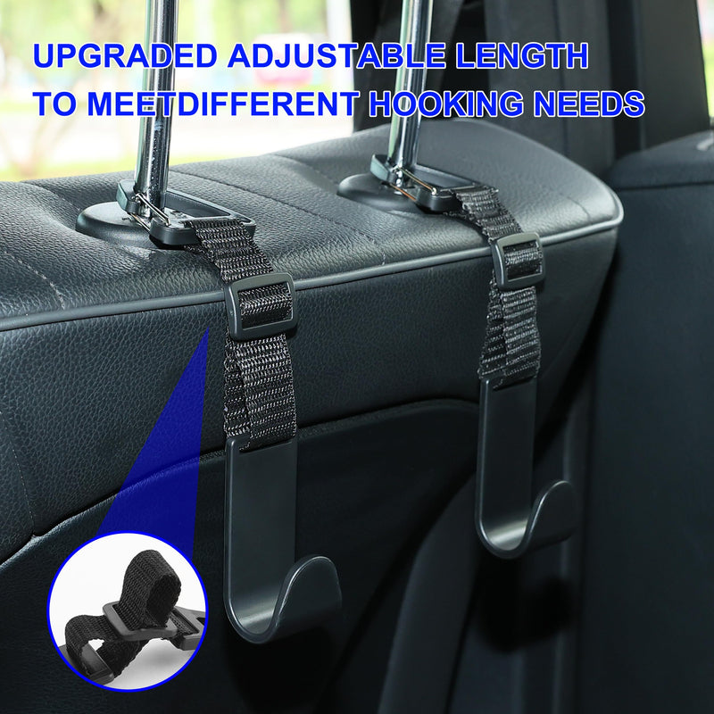 Amooca Headrest Hooks for Car Adjustable 4 Pack Vehicle Seat Back Organizer Storage Hanger Holder for Purse Bags Universal Fit with Clip Black