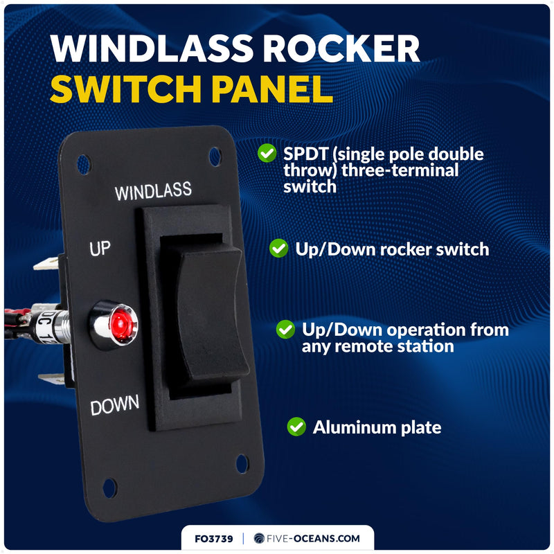 Five Oceans Rocker Boat Anchor Windlass Switch, Controlling Up/Down Function of Boat Anchor Windlasses, Waterproof, 12 Volts, SPDT 3-Terminal Switch, Stainless Steel Plate - FO3739 Rocker Switch - 1 Pack