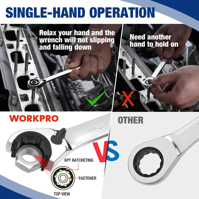 WORKPRO 7-Piece 3-in-1 Reversible Ratchet Wrench Set, Metric 8mm to 17mm, 6PT & 12PT & Open-End Wrenches, 72-Teeth Ratcheting Combination Wrench with Rolling Pouch