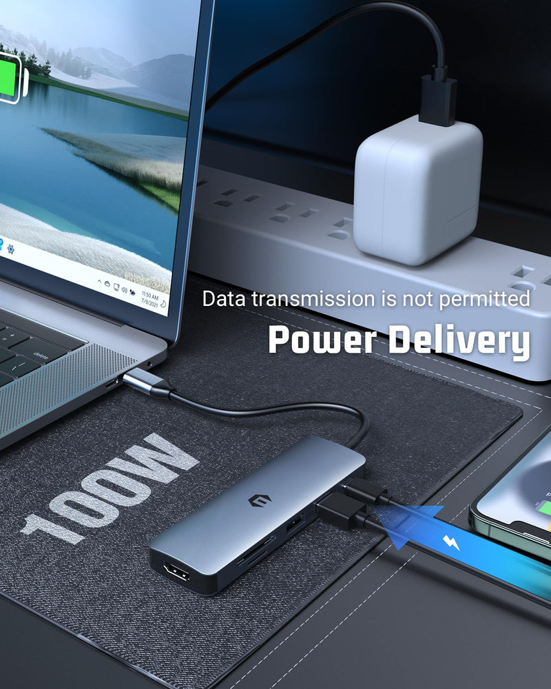 USB C Hub, Your Ultimate 6 in 1 Adapter Solution for Mac Pro/Air, iPad Pro, iMac and More, 4K HDMI, 100W PD, USB Ports, Card Reader