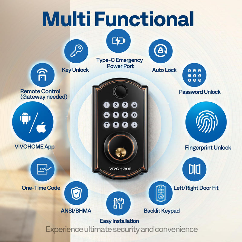 VIVOHOME Smart Lock for Front Door, Keyless Entry Door Lock with Fingerprint, Bluetooth App Remote Control, Electronic Keypad Deadbolt with User Management