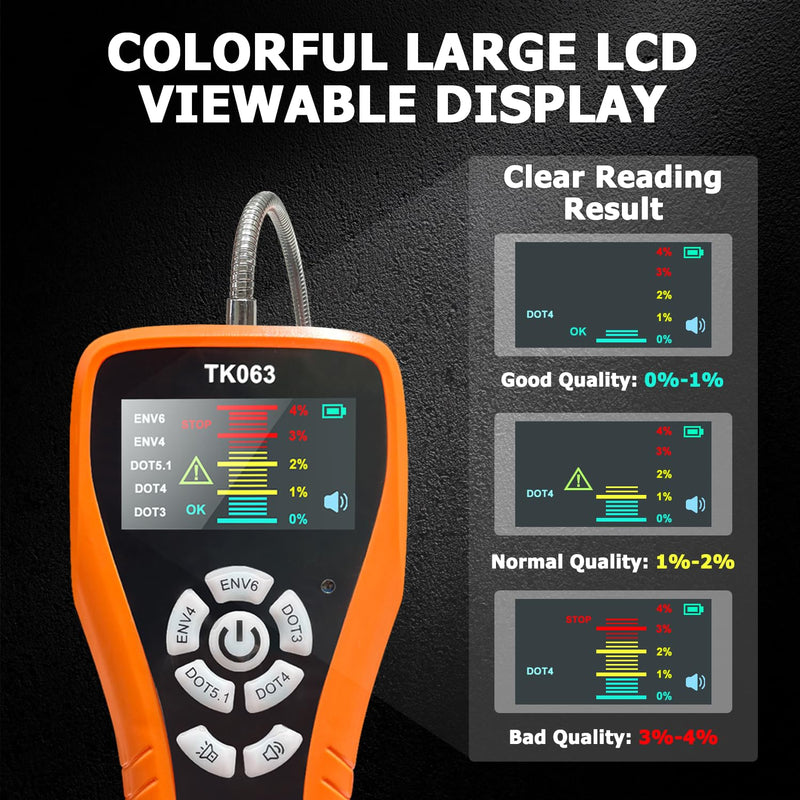THIKPO Brake Fluid Tester for DOT3 DOT4 DOT5.1 EVN4 EVN6, High-Sensitivity Digital Brake Oil Moisture Tester with LCD Display, Built-in Calibration, Corrosion Resistance Probe, Buzzer Alarm