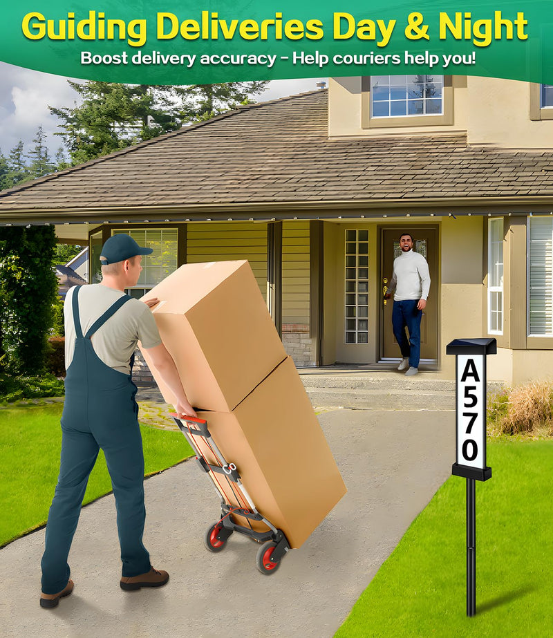 DBF Solar Address Sign, Dual-Sided House Numbers for Outside Waterproof, 3 Colors LED Illuminated Solar Powered Address Plaque with Stakes, Outdoor House Number for Yard Street Home Garden, Vertical Ground&Wall