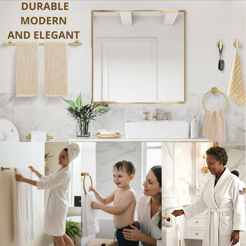 Brushed Gold Bathroom Hardware Set, 6 Piece Gold Bathroom Accessories Set, 24 Inch Towel Bar, SUS304 Stainless Steel, Towel Ring, Hooks, Toilet Paper Holder, Gold Towel Rack
