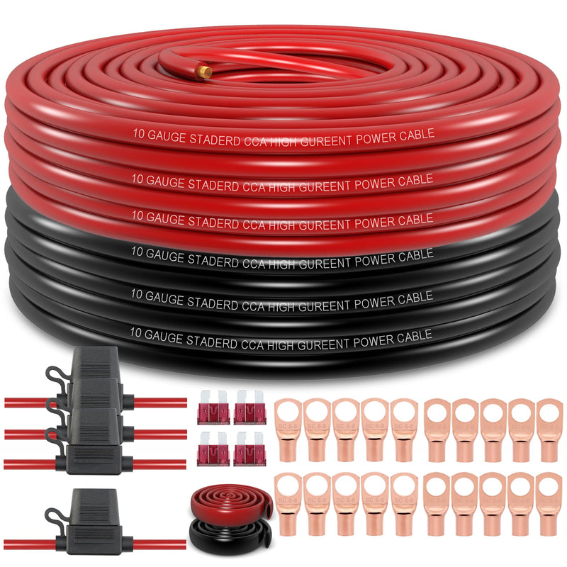 10 Gauge Wire (100ft Each- Black/Red) Copper Clad Aluminum CCA,4 PCS 40A Fuse Holder,20pcs Lugs Terminal Connectors and 3:1 Heat Shrink Tube for Power/Auto,Amplifier,Ground Cable 200FT + 4PCS 40A FUSE HOLDER